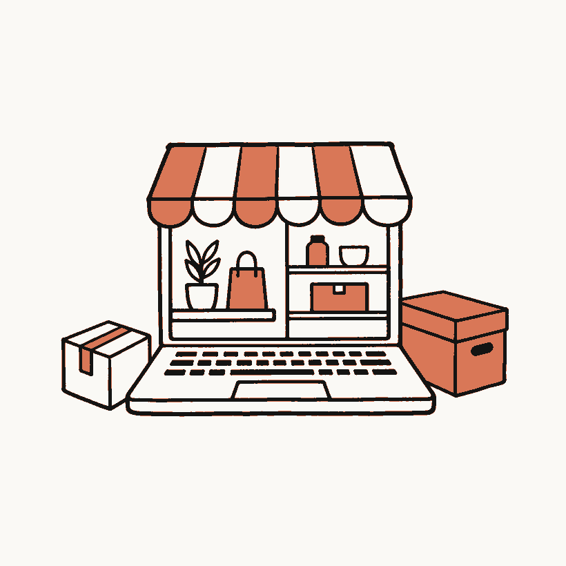 A hand-drawn laptop storefront with an awning and parcels